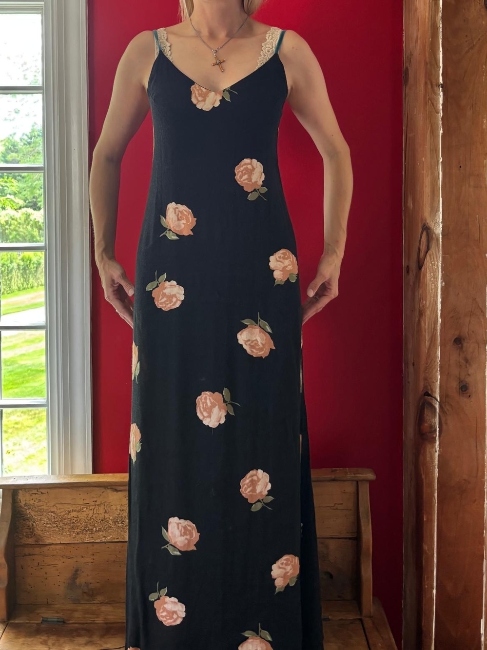 Reformation Black Maxi Slip Dress with Peach Floral Print